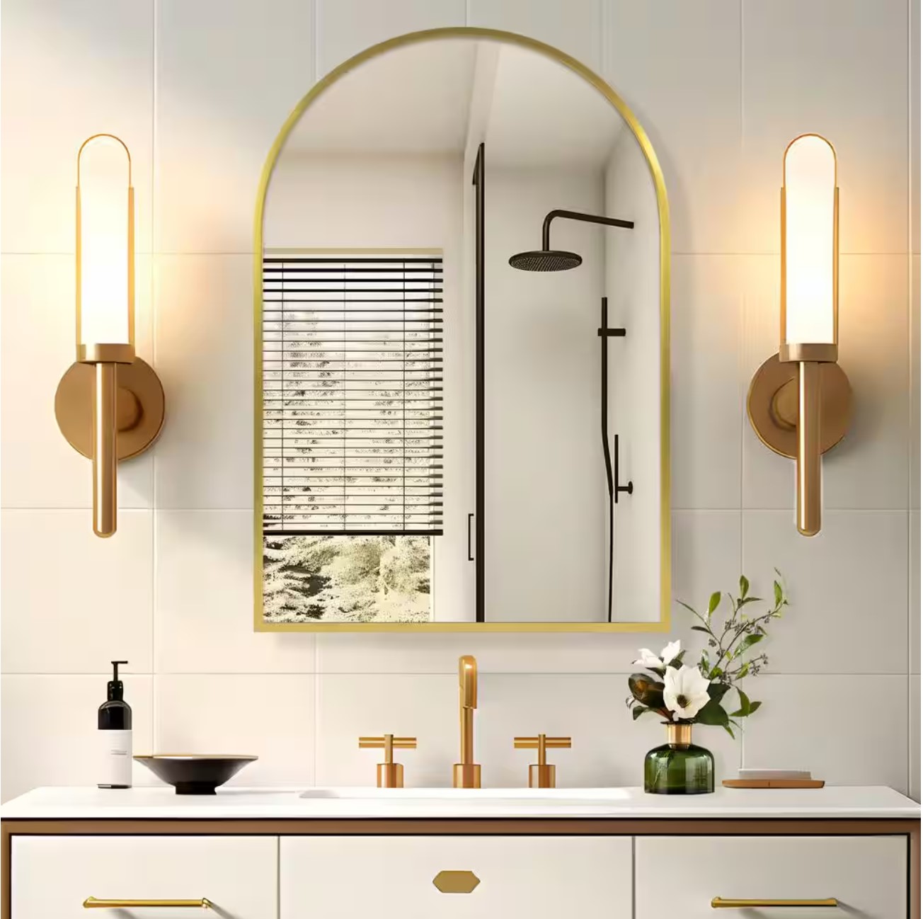 24 in. W x 36 in. H Arched Recessed/Surface Mount Medicine Cabinet with Mirror in Gold