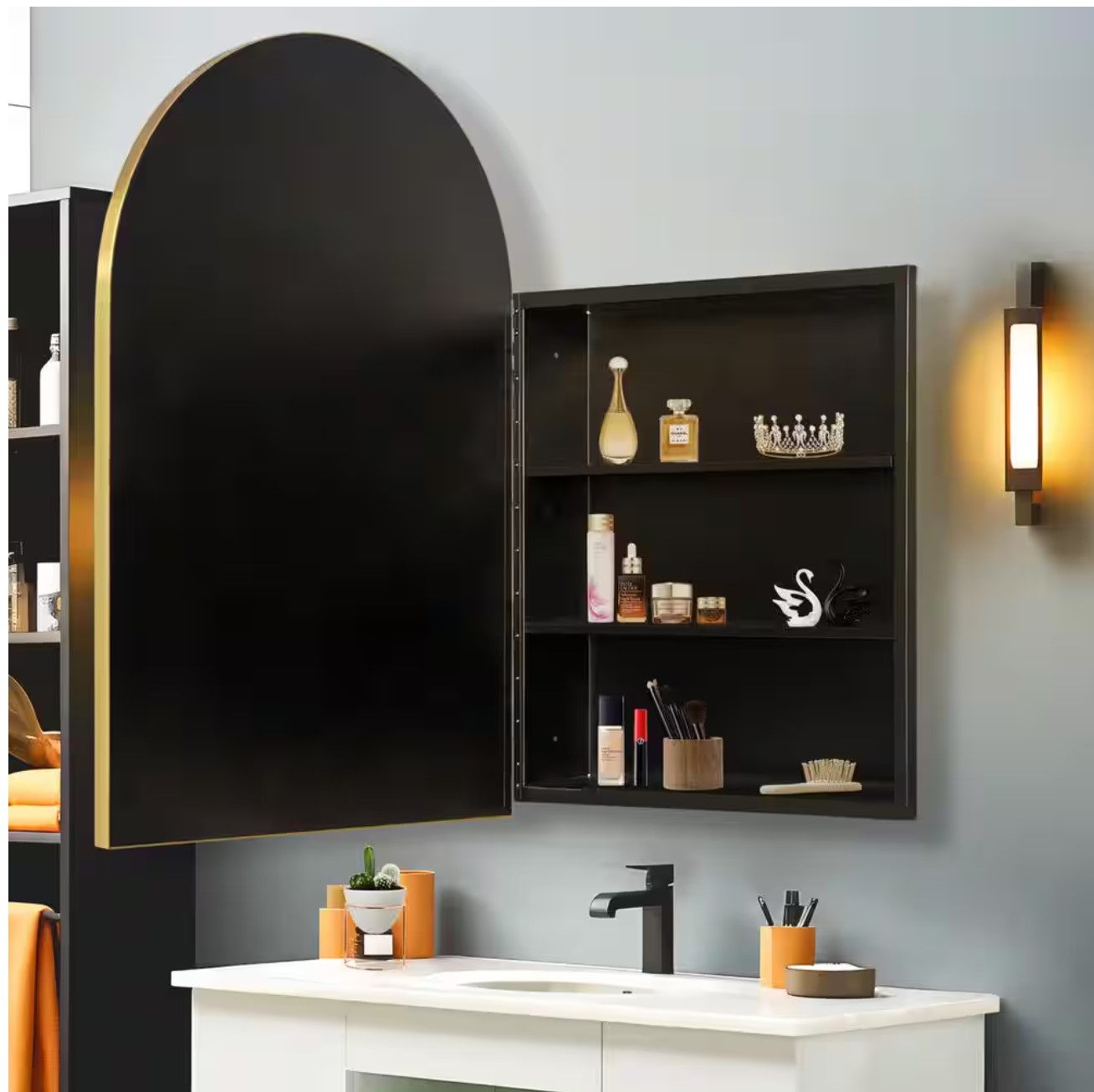 24 in. W x 36 in. H Arched Recessed/Surface Mount Medicine Cabinet with Mirror in Gold